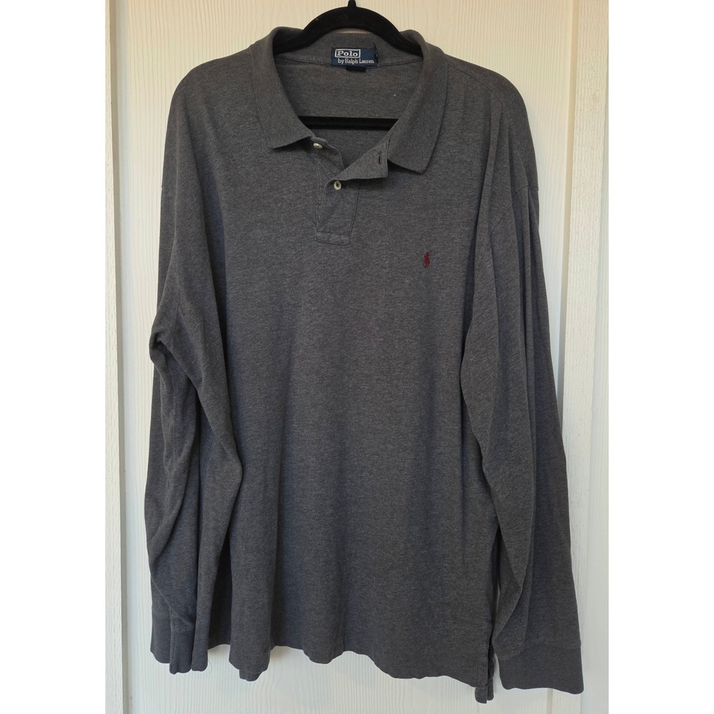 Vintage Polo Ralph Lauren Mens Long Sleeve Polo Shirt XXL Gray Red Pony Logo
